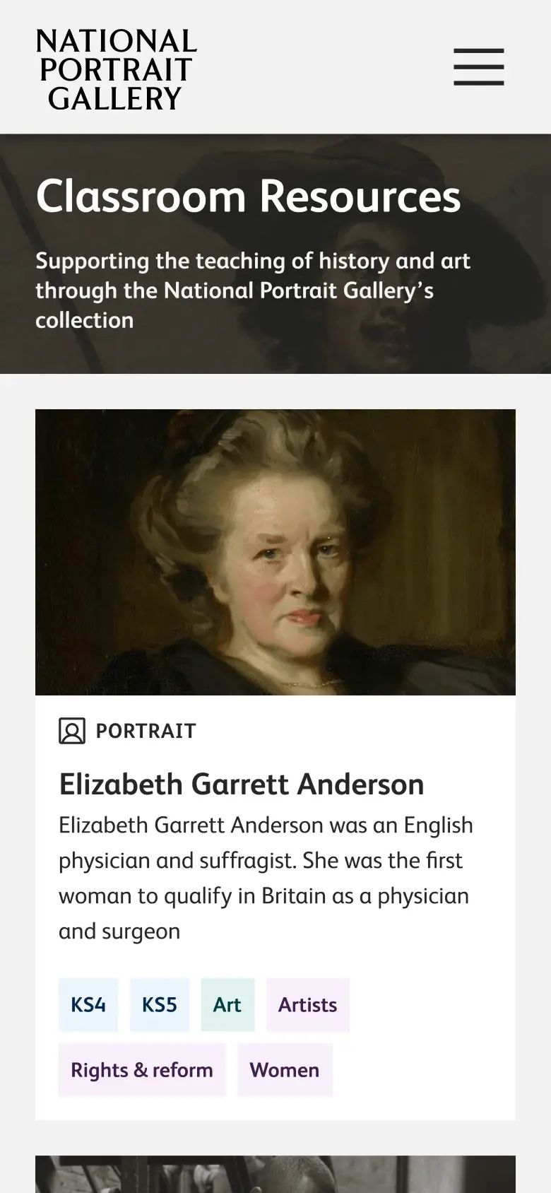 Landing page for National Portrait Gallery learning hub project
